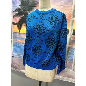 Vintage 1980's sweater by Reasons blue with black flowers M